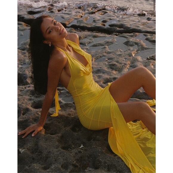 NWT Revolve Indah JLo's Evening Gown Small Limoncello Yellow Mesh Resort Wear - Picture 2 of 14